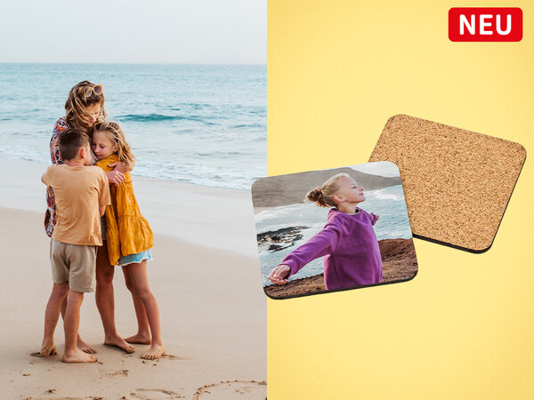 Untersetzer mit Bild von einem Mädchen. Daneben die Kork-Unterseite des Untersetzers.