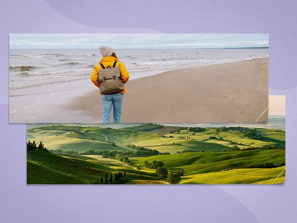 Zwei Panoramaposter mit Bild einer Landschaft und Frau am See.