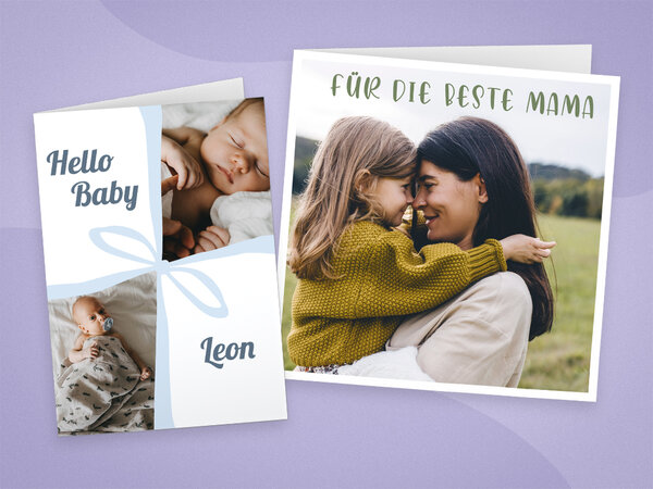 Klappkarte zur Geburt. Daneben quadratische Klappkarte mit eine Bild von einer Mama mit ihrer Tochter.